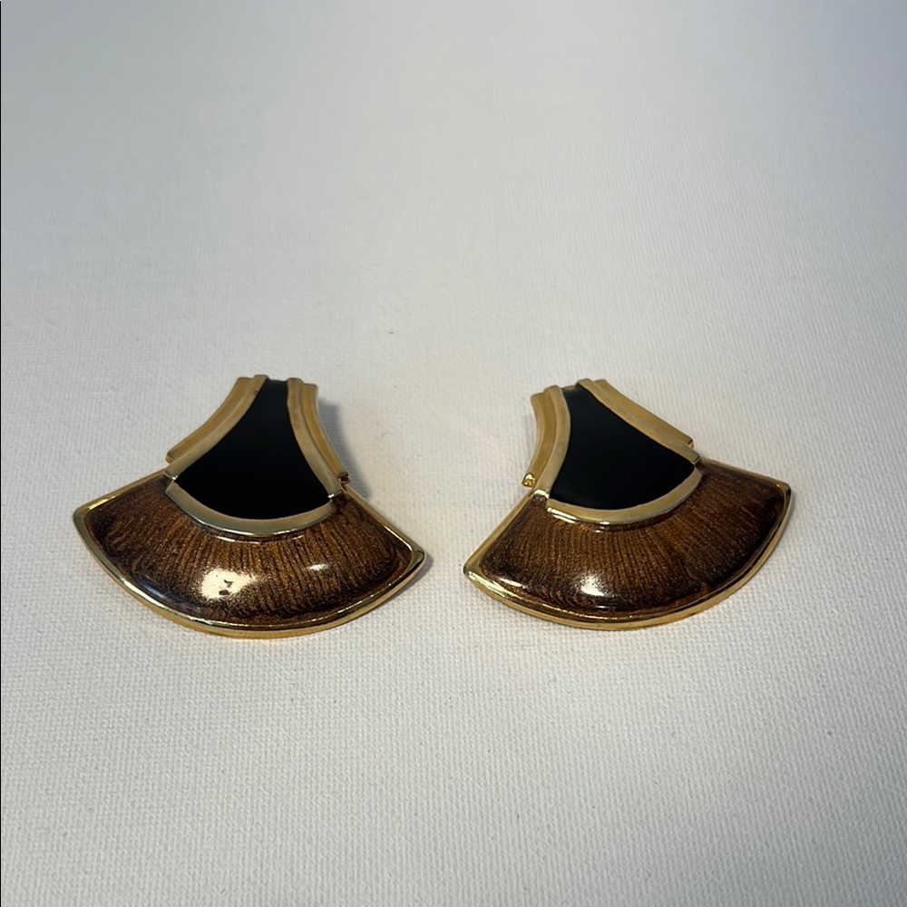 Elegant Black and Brown Fan-Shaped Earrings
